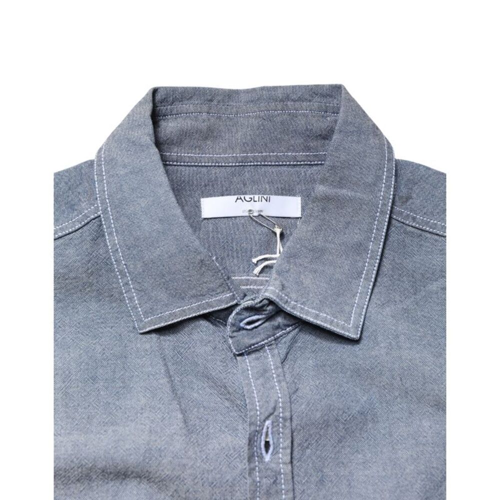 AGLINI Dark Blue Slim Fit Collared Long Sleeve Denim Men's Shirt